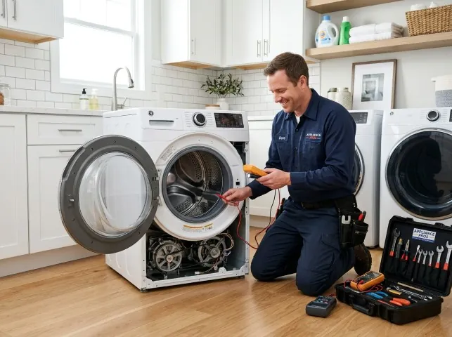 Appliance Repair Hero technician testing a front-load washer with a multimeter on a Buckeye Lake, OH service call